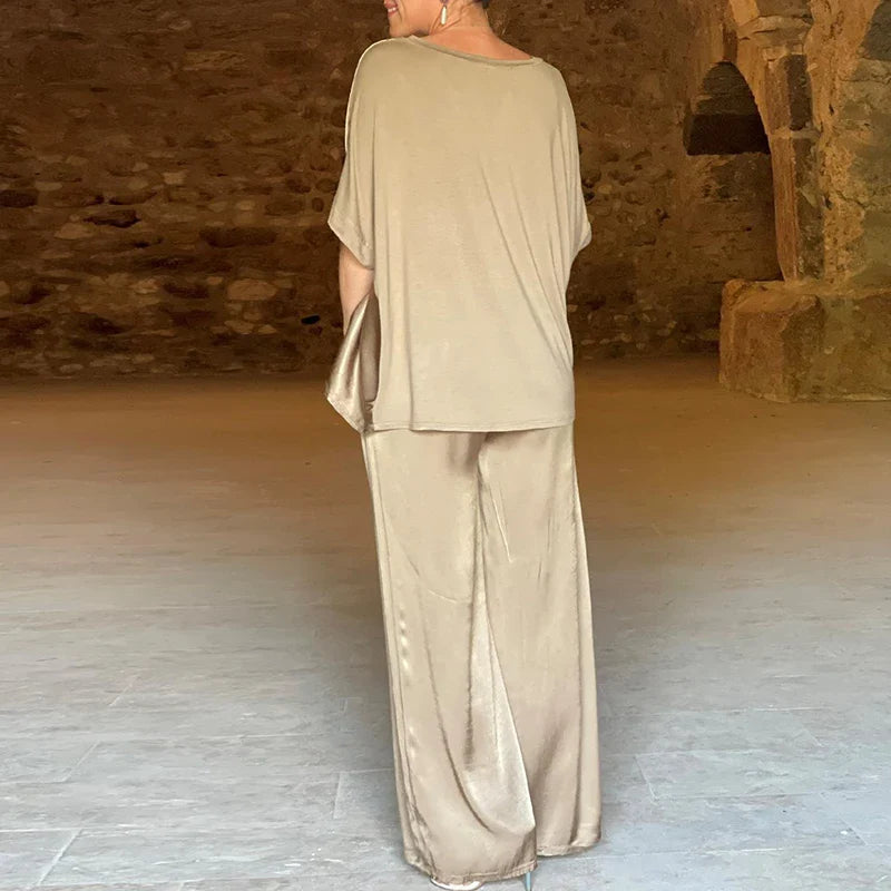 Plain V Neck Top Pullover and Wide-leg Pants Outfit Sets for Women Spring Loose Satin Suit Summer Short Sleeve T-shirt Two Piece
