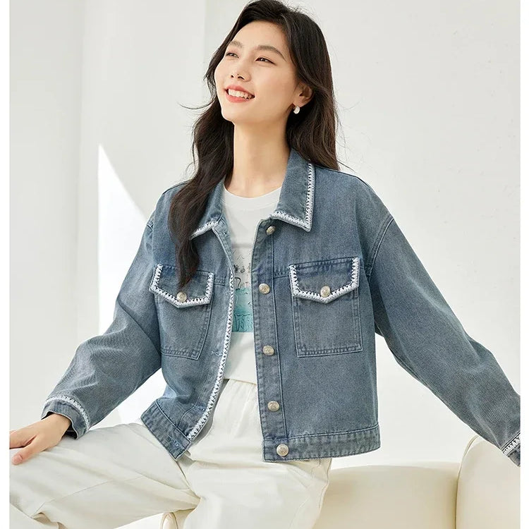 Vintage Lapel Long Sleeve Jean Jacket for Women Autumn Casual Straight Loose Denim Jackets Fall Female Clothing