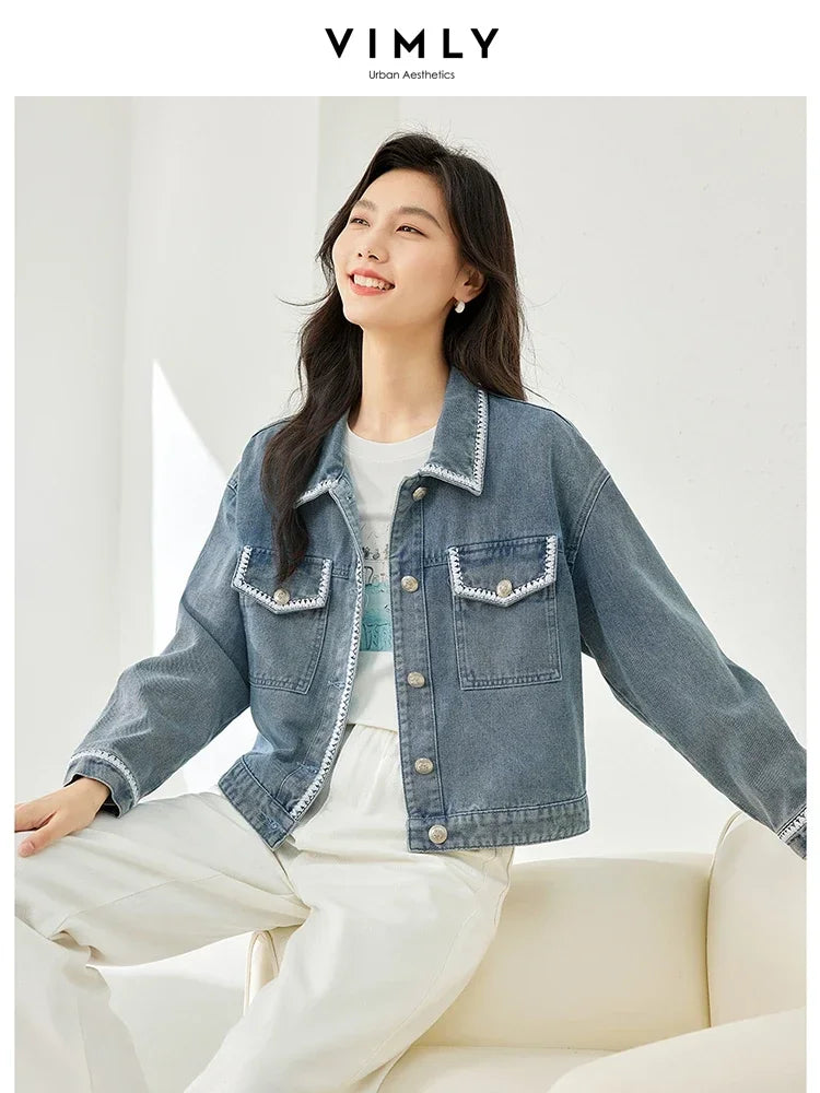 Vintage Lapel Long Sleeve Jean Jacket for Women Autumn Casual Straight Loose Denim Jackets Fall Female Clothing