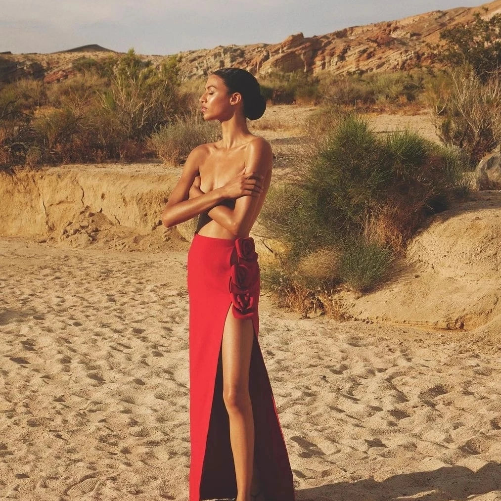 French Sexy Red High Waist Long Skirt Women's High-Grade Split Three-Dimensional Rose Light Luxury Maxi Skirts Faldas