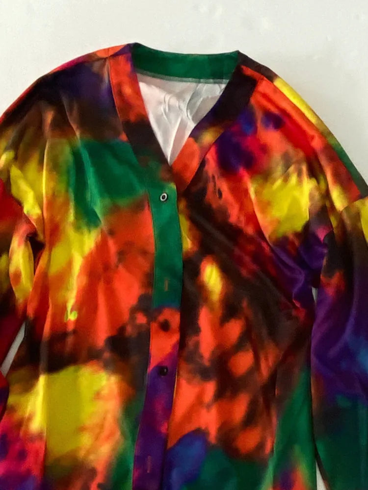DEAT Fashion Women's Shirt Dress V-neck Loose Tie Dye Long Sleeve Single Breasted Waist Mini Dresses Spring New WR36309