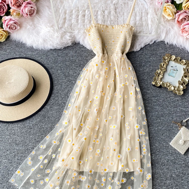 Summer Beach Mesh Floral Dress Women Vintage Elegant Sexy Beach Sundress Woman Party Night Korean Kawaii Vestidos Beige One Size