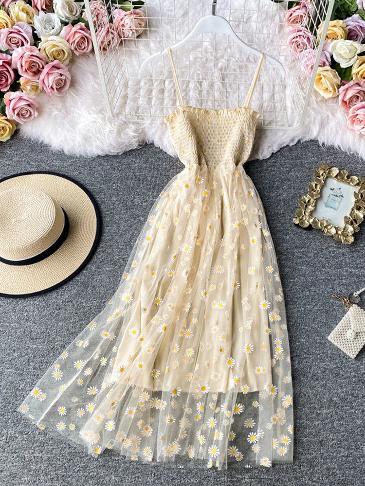 Summer Beach Mesh Floral Dress Women Vintage Elegant Sexy Beach Sundress Woman Party Night Korean Kawaii Vestidos Beige One Size