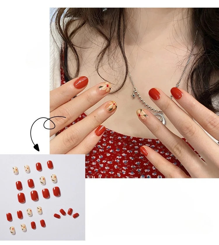 24Pcs Iced Camellia Nails Tomato Red Designed with French Acrylic Nail Art Tips for Women&Girl Daily,Party Wear