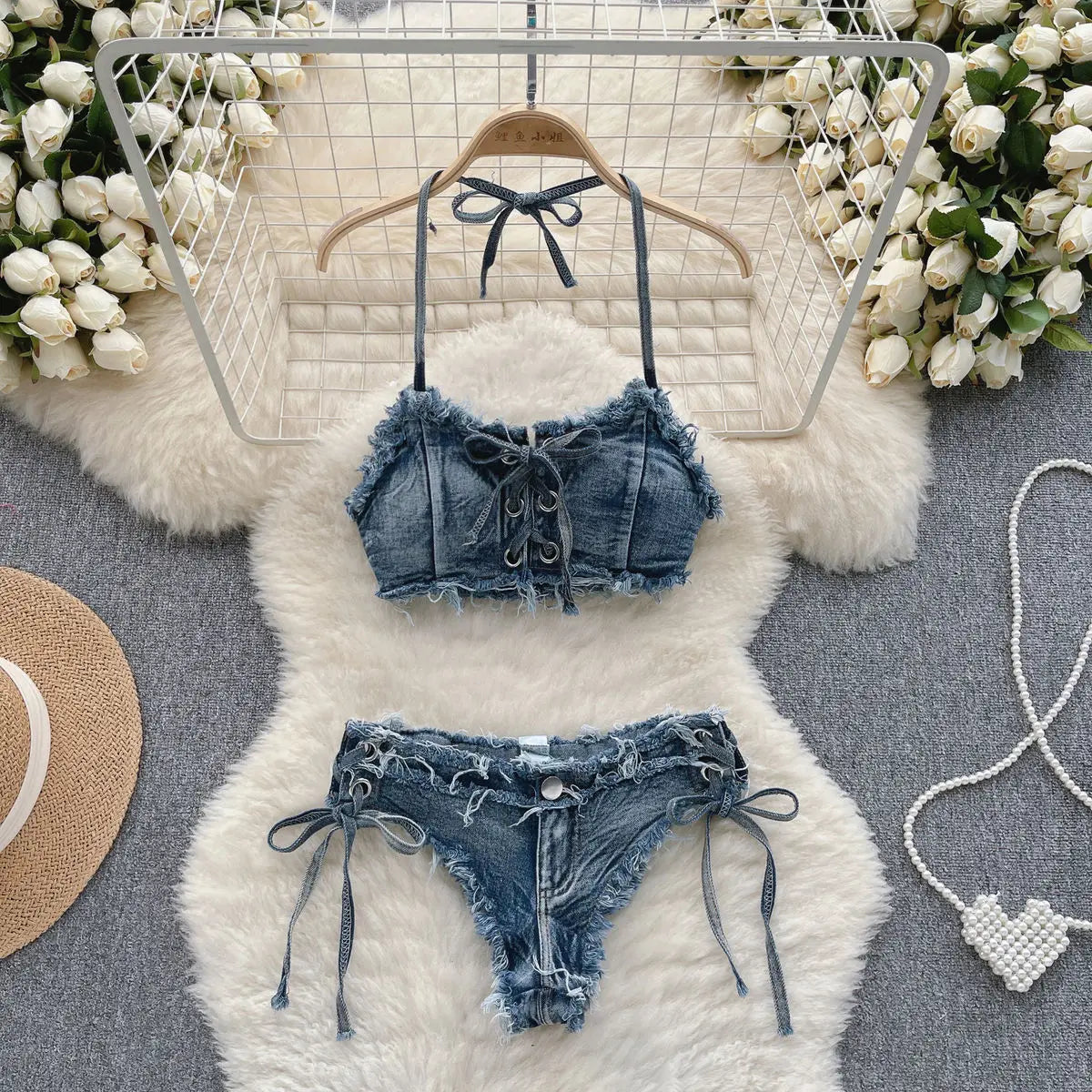 Women's Bikinis Set Summer Sexy Denim Strap Bra Vest and Low Waist Shorts Bathing Suit Swimsuit Swimwear