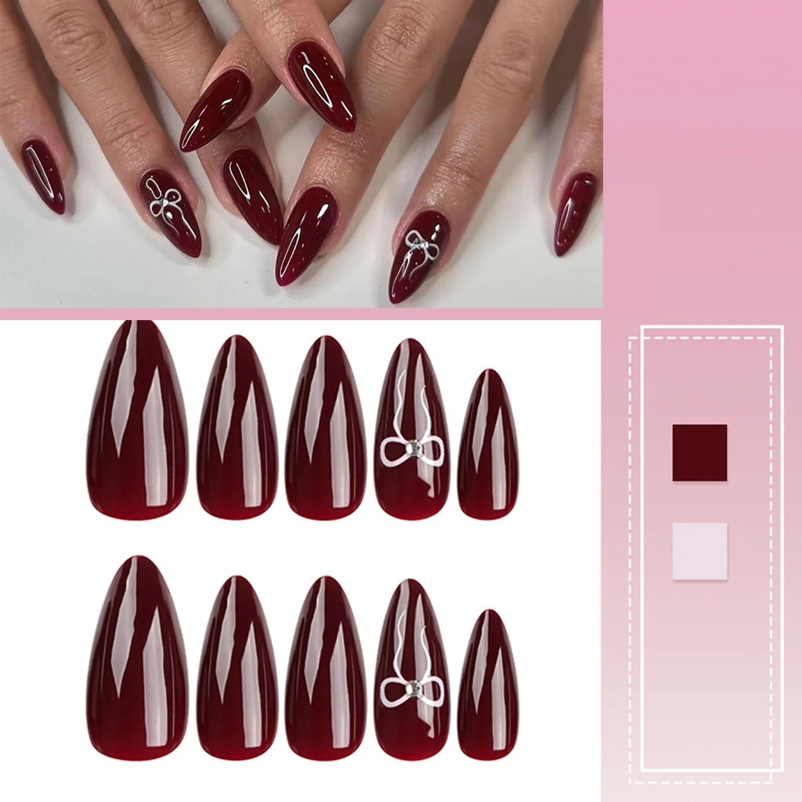 Wine Red Almond Fake Nails Women Valentine's Day Charm Manicure 24Pcs Year Party Press On Nails Bowknot Printed Nails Art