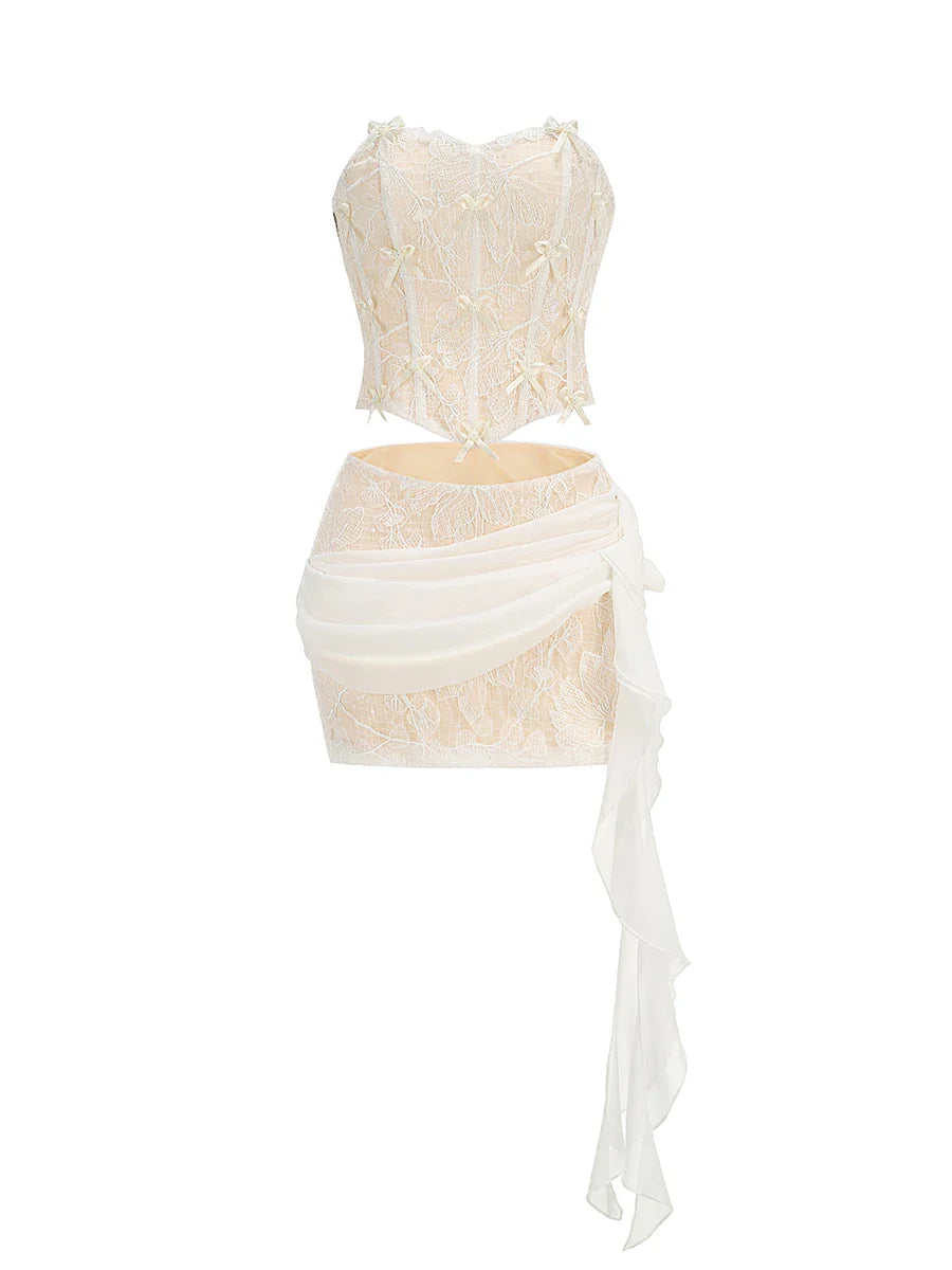 Fashion White Color Women Sexy Strapless 2 Pieces Bodycon Lace Draped Mini Dress Birthday Party Girls' Date Outfit