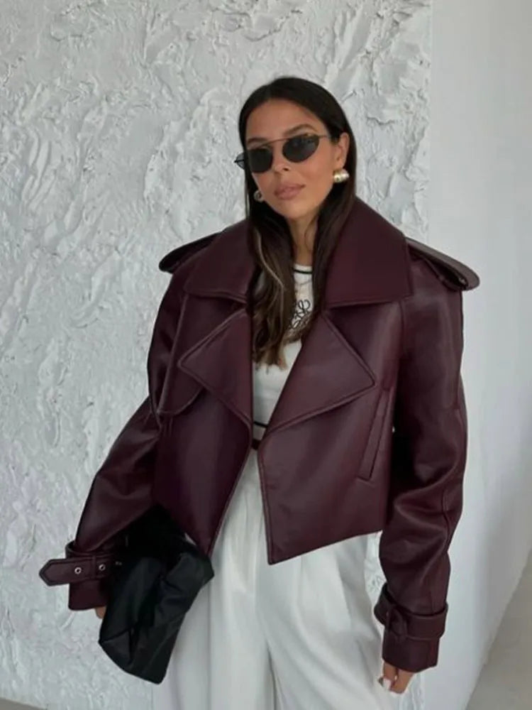 Fashion Burgundy Lapel Leather Jackets For Women Casual Loose Pockets Long Sleeve Coats Autumn Lady High Street Outerwear Picture color