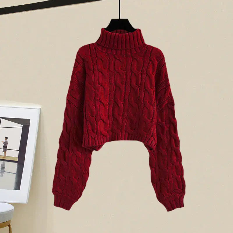 Women's Autumn Winter Loose High Neck Knitted Sweater Suspender Dress Two-piece Korean Elegant Pullover Strap Skirt Matching Set Red Sweater