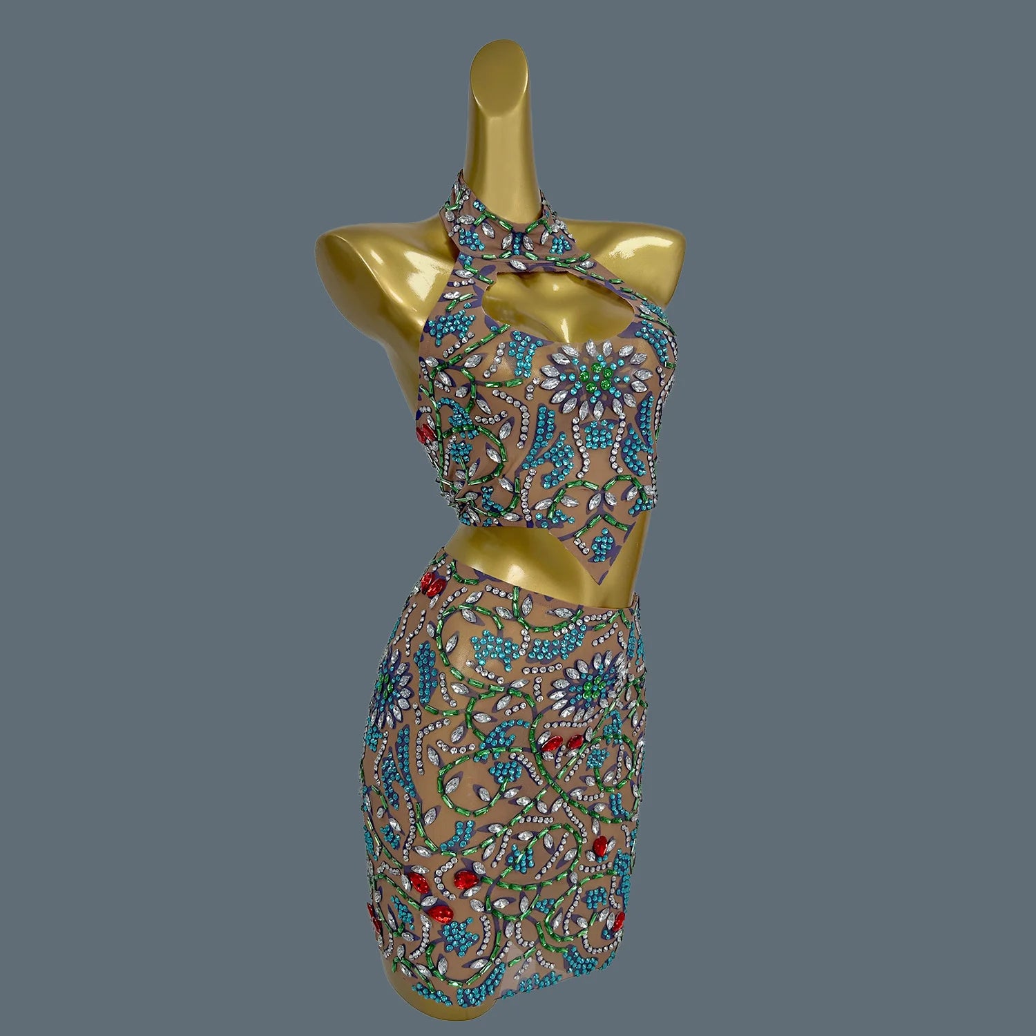 Sparkly Diamond Sexy Crop Top Skirt Set Backless DJ Club Stage Show Two Piece Sets Women Outfit Nightclub Party Dress Huacong