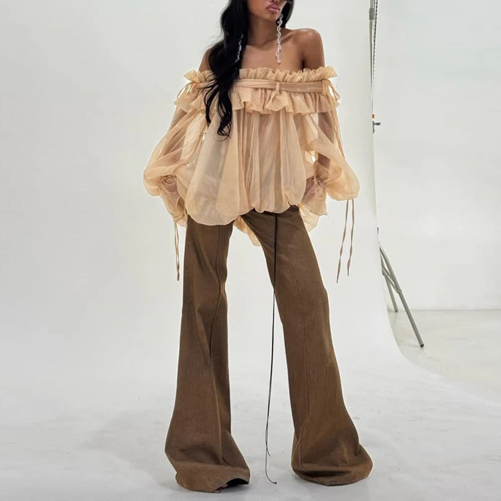 TWOTWINSTYLE Solid Loose Spliced Folds Blouse for Women Slash Neck Long Sleeves Patchwork Lace Up Fashion Top Female Clothing