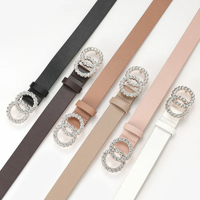 Double Ring PU Leather Rhinestone Belts for Women Fashion Luxury Designer Waistband Dress Jeans Belt