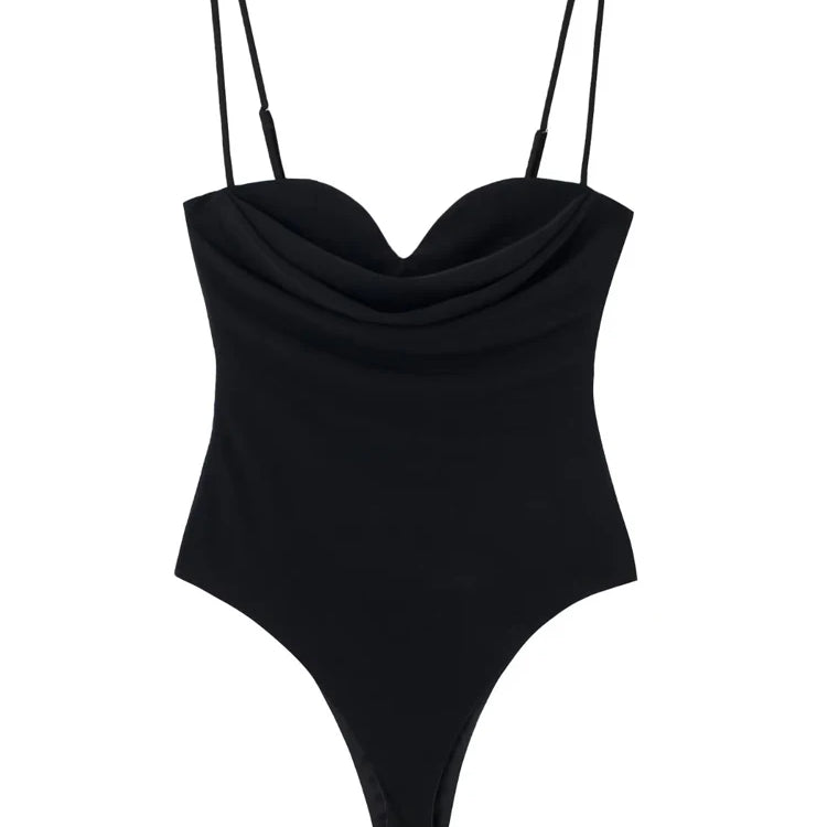 Women Fashion With Sweetheart Neck Draped Bodysuits Vintage Backless Zipper Thin Straps Female Playsuits Mujer as picture