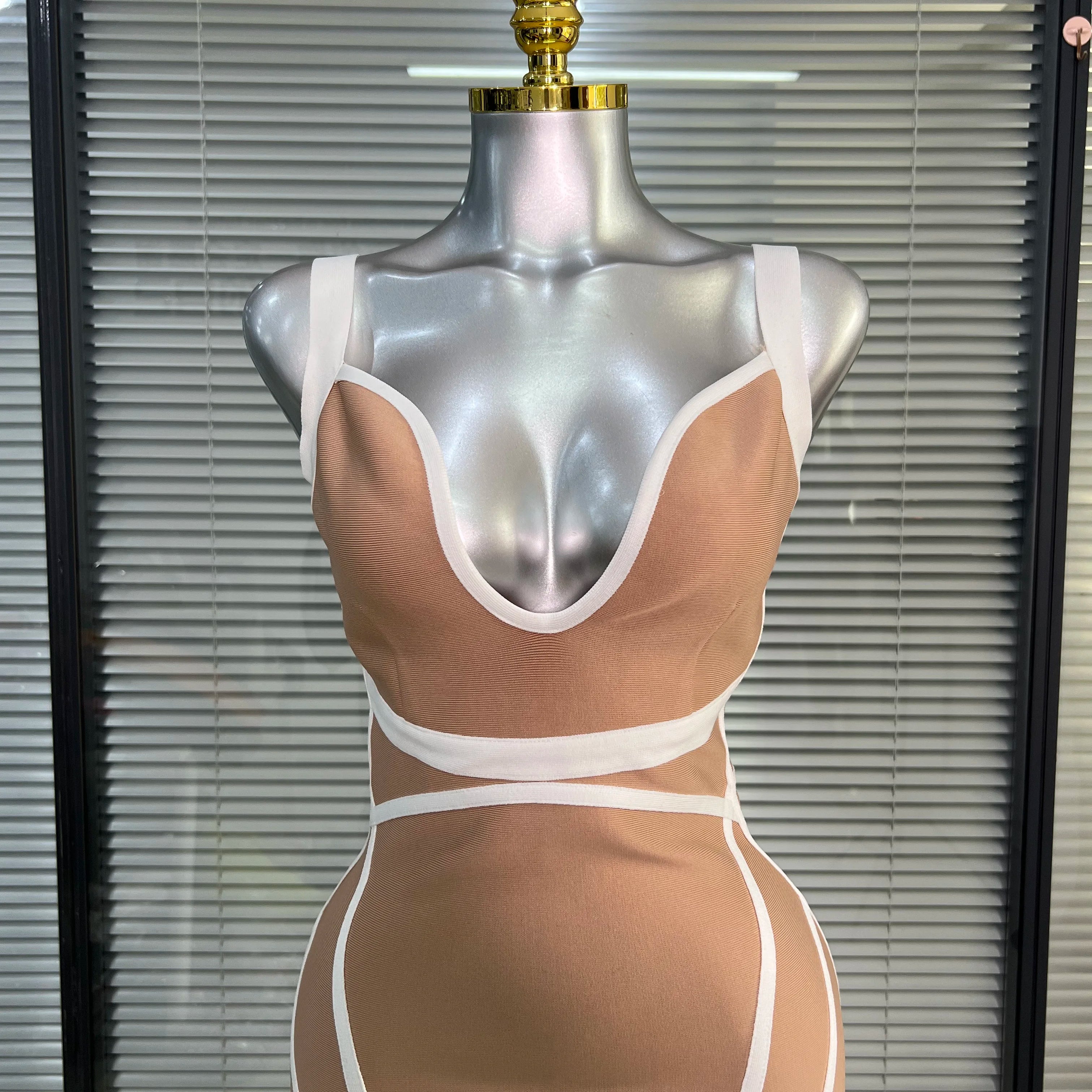 Summer New 2025 Women Sexy Beige Patchwork Midi Bodycon Bandage Dress Knitted Evening Party Dress Vestido