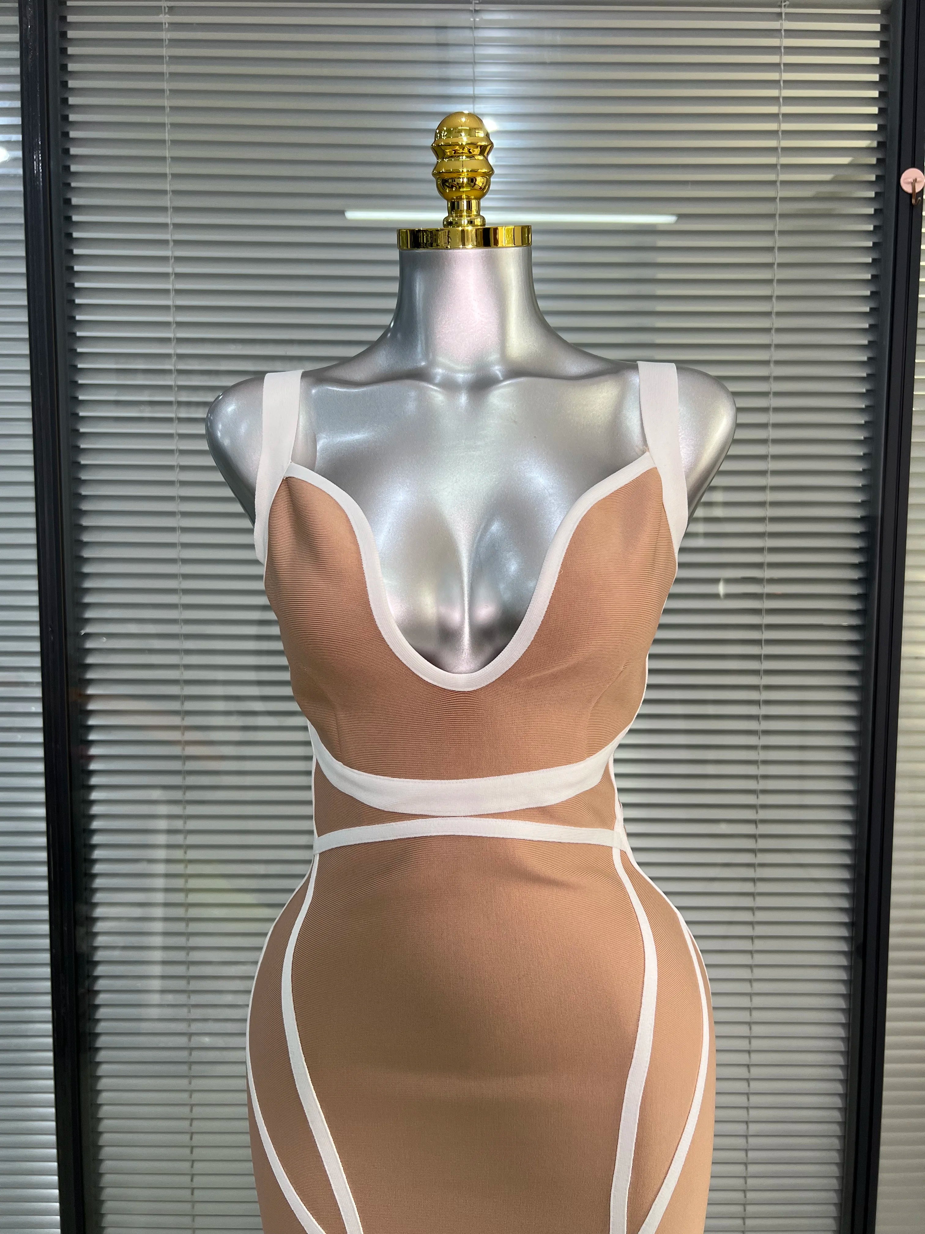 Summer New 2025 Women Sexy Beige Patchwork Midi Bodycon Bandage Dress Knitted Evening Party Dress Vestido