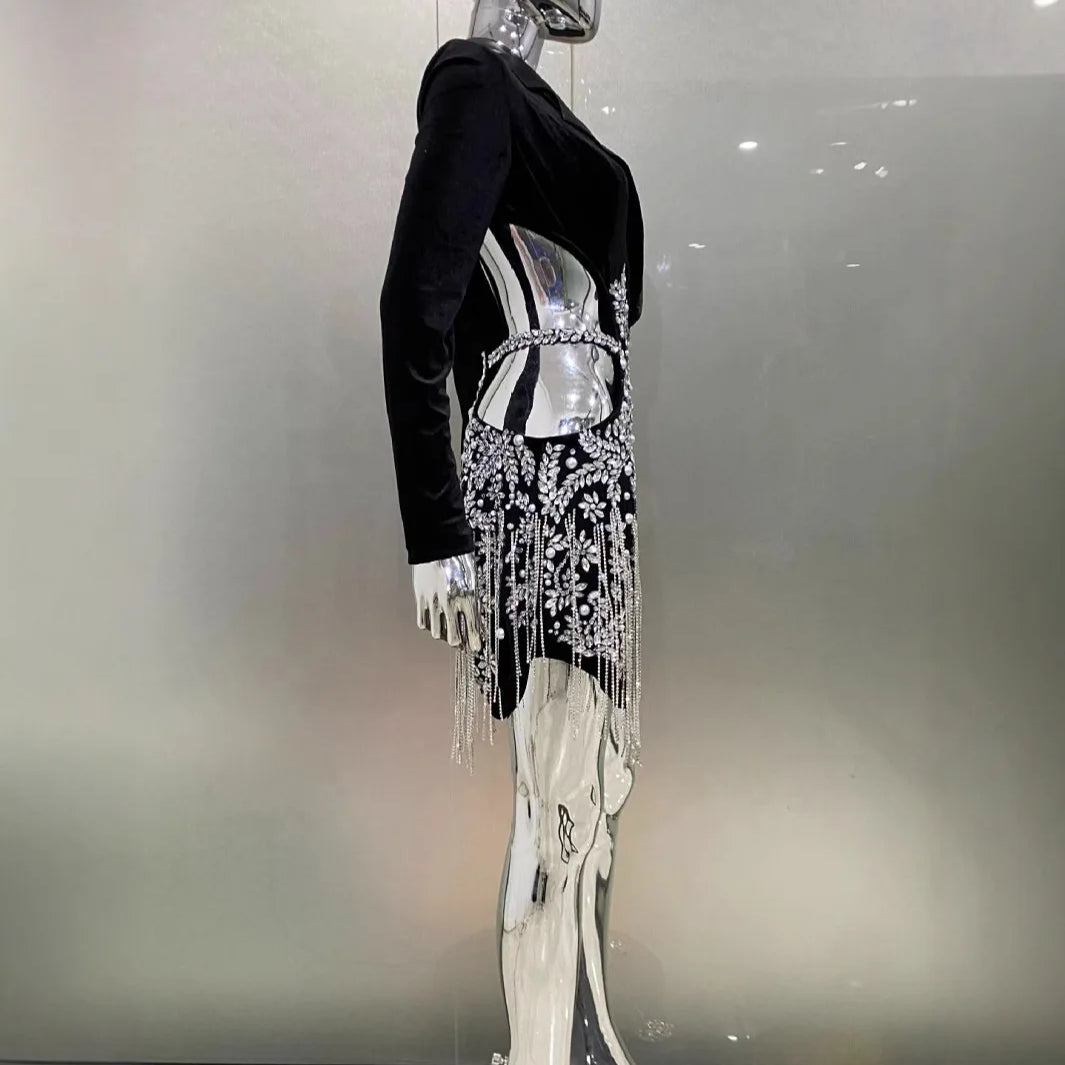 Vestido de festa feminino com franjas strass de luxo transfronteiriças e sensual com decote em V e manga comprida