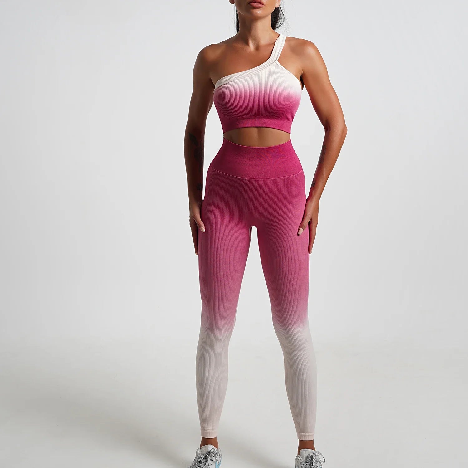 Seamless Gradient Yoga Sets Sports Fitness High Waist Hip-Lifting Pants Long-Sleeved Suits Workout Gym Leggings Sets for Women Rose red D