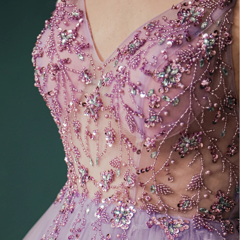 Sexy Spaghetti Straps Evening Dresses V-Neck Rhinestones Beading Formal Prom Gowns with Slit robe de soiree light purple