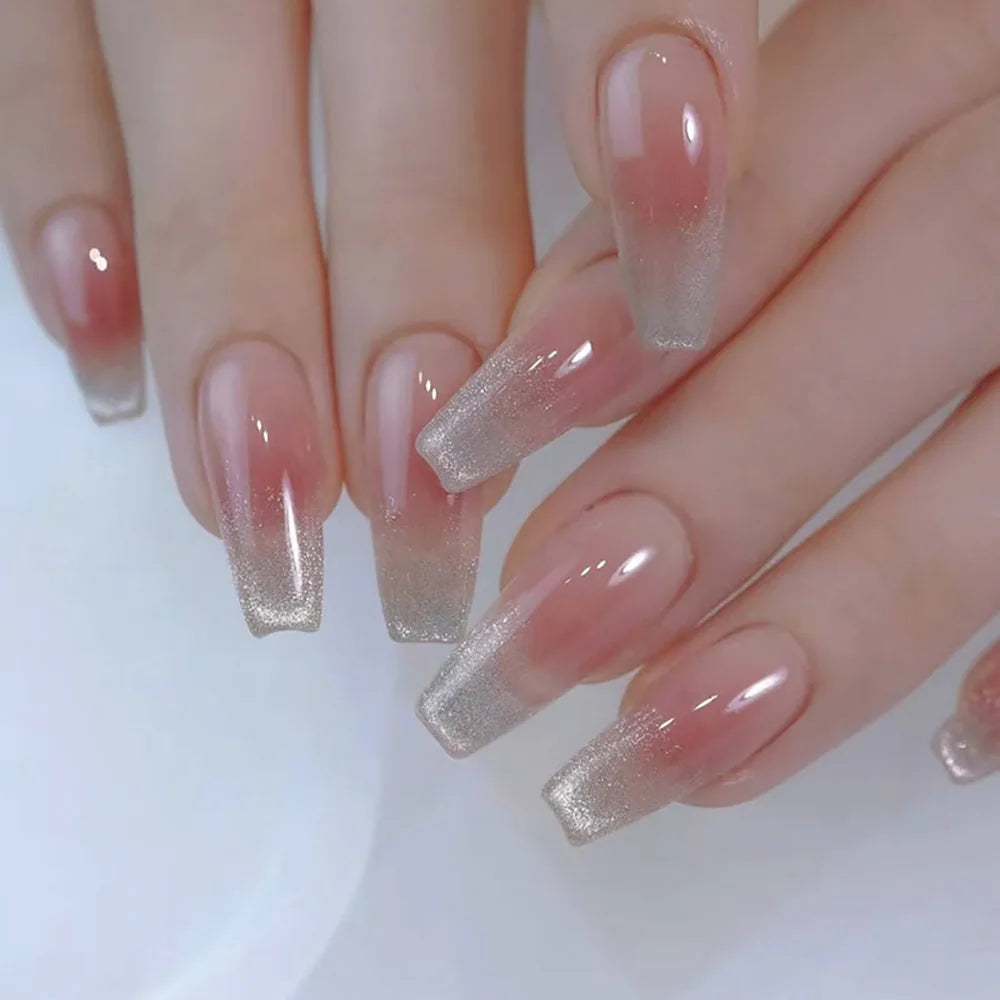 24pcs/set Glitter fake nails for women girls super flash sparkling gradient pink black tips faux ongles press on false nail art