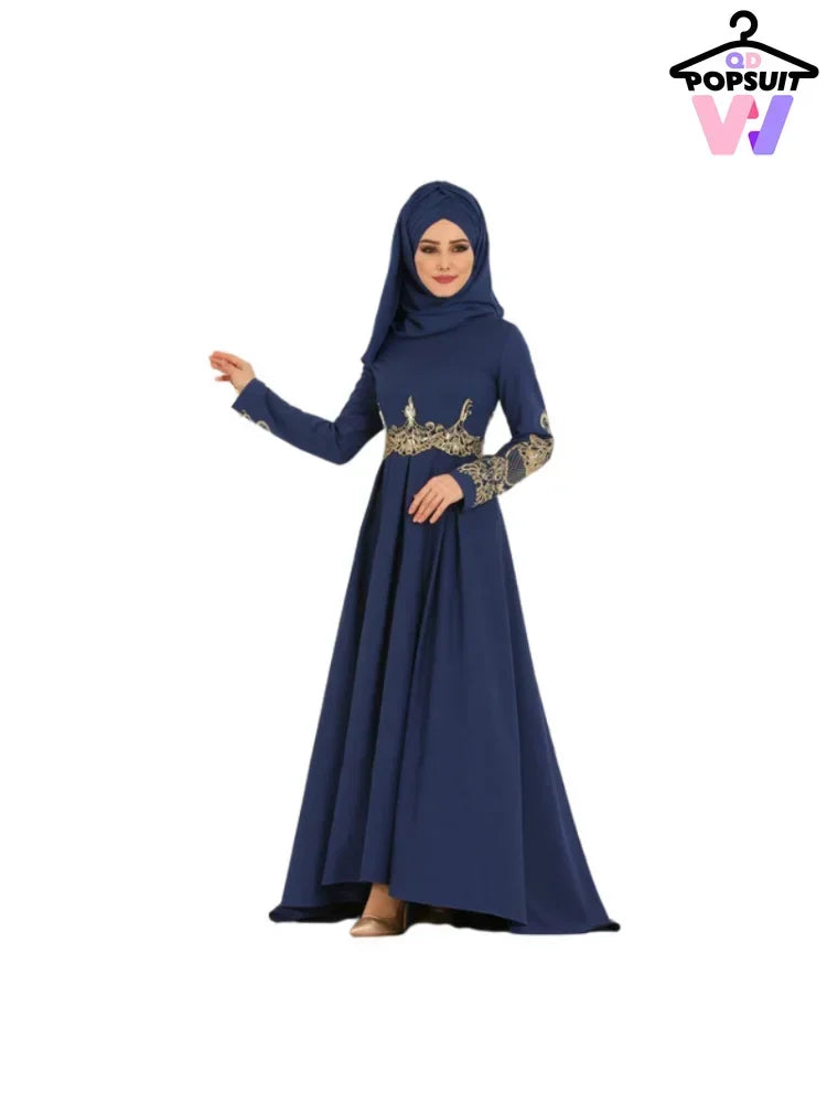 New In Women Dress NO Scarf Elegant Muslim Islam Abaya Embroidered Elastic Falbala High Waist Slim Party Robe Swing Robe Dresses