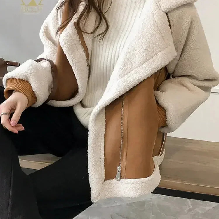 Spring Women's Coat Fashion Imitation Lamb Wool Long Sleeved Loose Top Temperament Vintage Casual Patchwork Soft Jacket