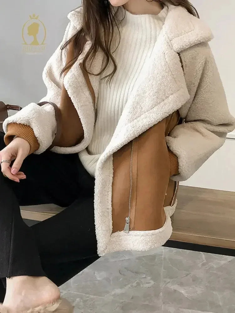 Spring Women's Coat Fashion Imitation Lamb Wool Long Sleeved Loose Top Temperament Vintage Casual Patchwork Soft Jacket