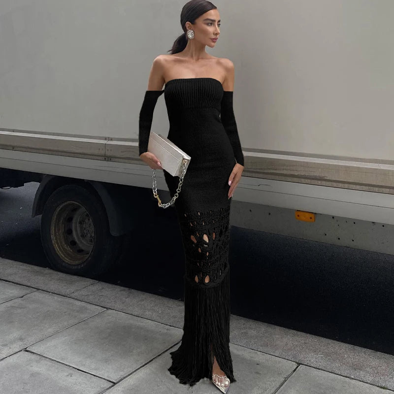Dulzura Autumn Knitted Tassel Y2K Clothes Long Sleeve Backless Tube Bodycon Maxi Dress For Women 2023 Club Party Elegant Outfits black
