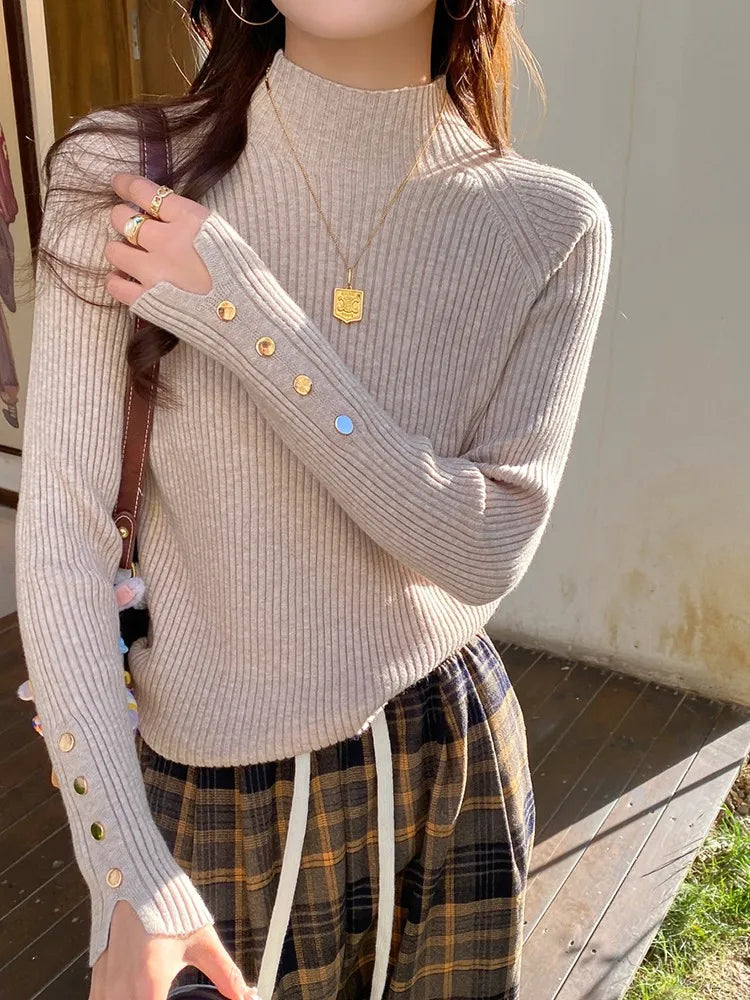 Autumn Winter Sweater Women Pullovers Long Sleeve Tops Clothes Slim Knit Soft Jumper Streetwear Button Turtleneck Sweater oatmeal One Size