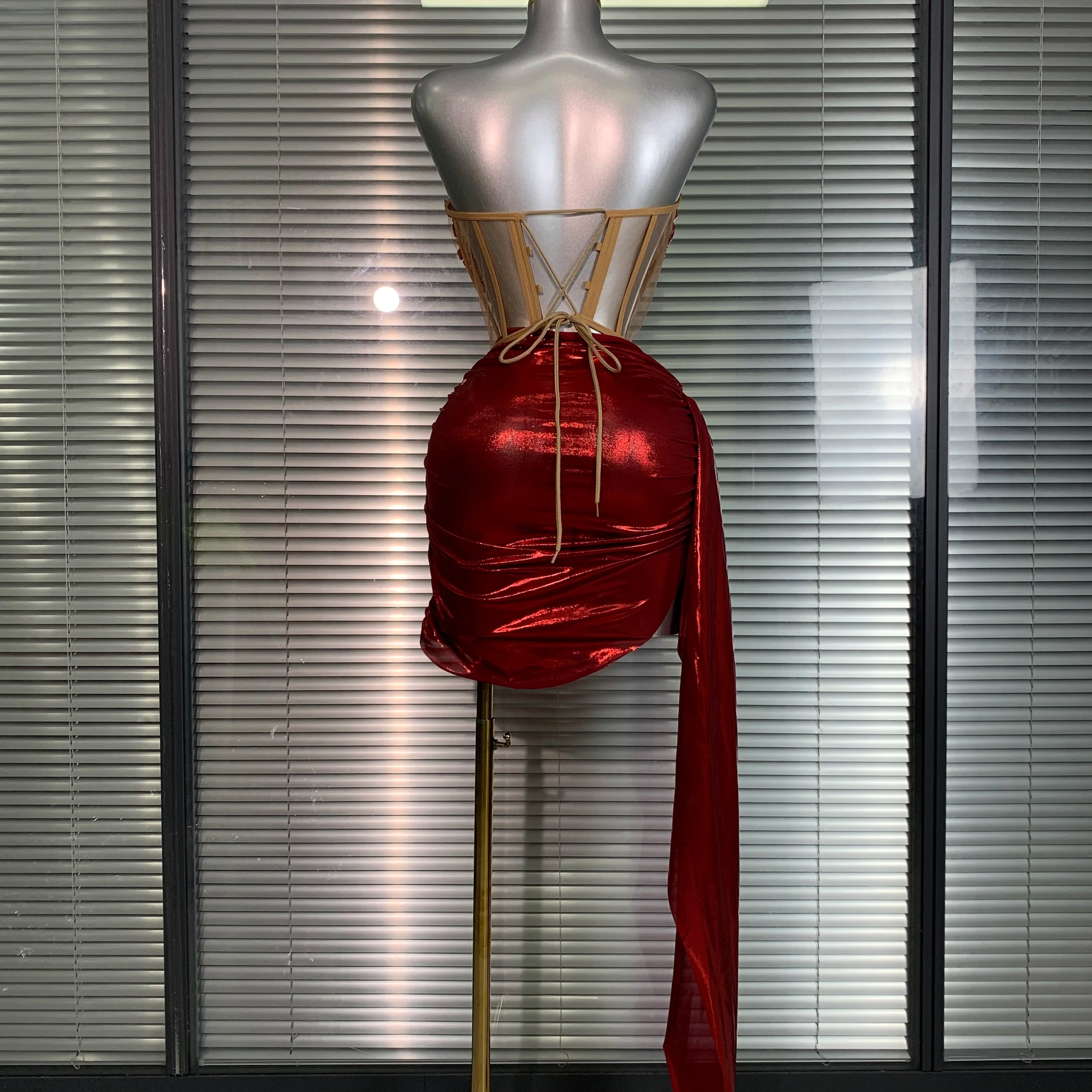 New Women Sexy Two Pieces Set Red Crystal Diamonds Night Club Skirt Suits Laced Singer Dancer Stage Performance Costume