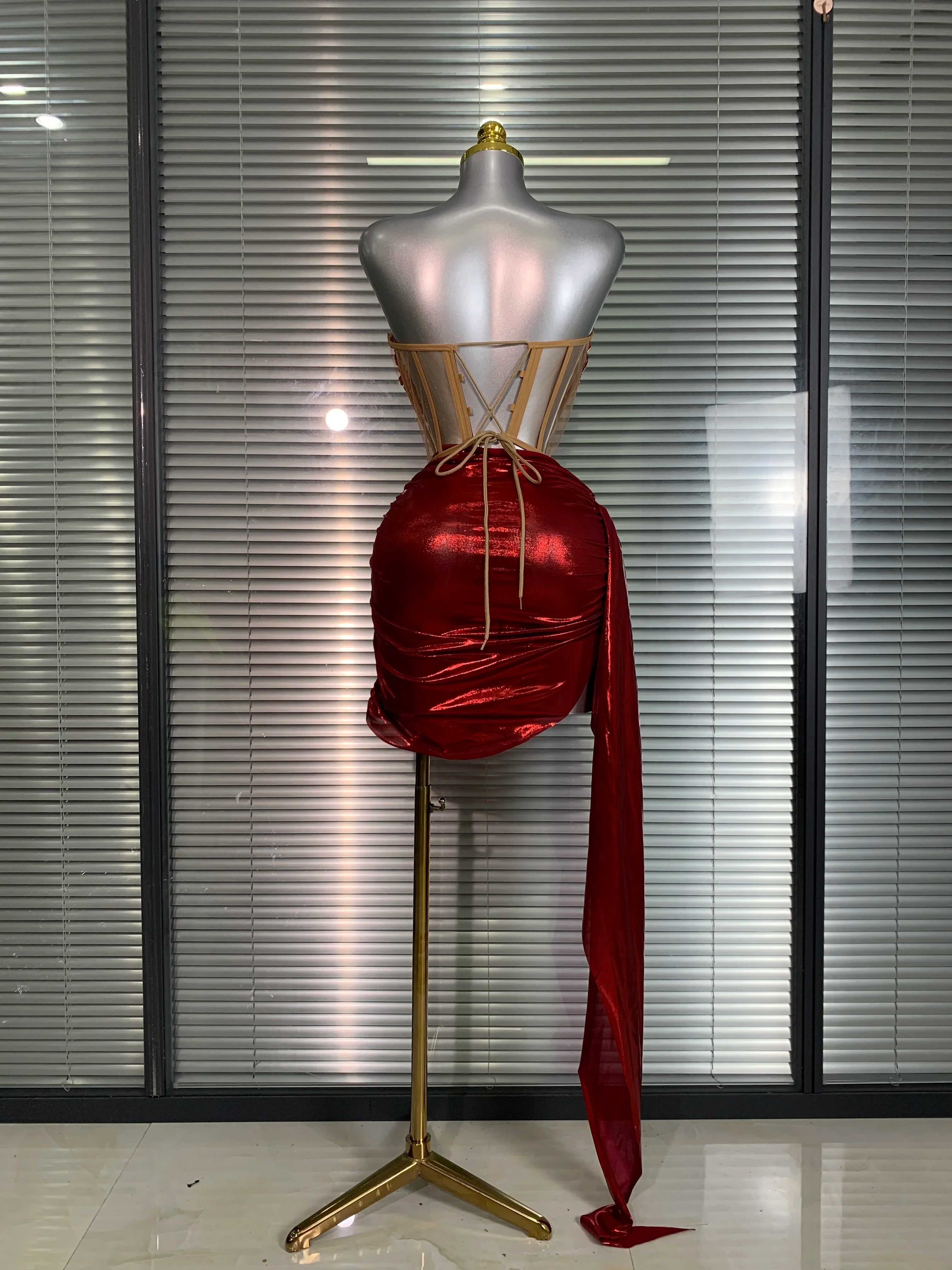 New Women Sexy Two Pieces Set Red Crystal Diamonds Night Club Skirt Suits Laced Singer Dancer Stage Performance Costume