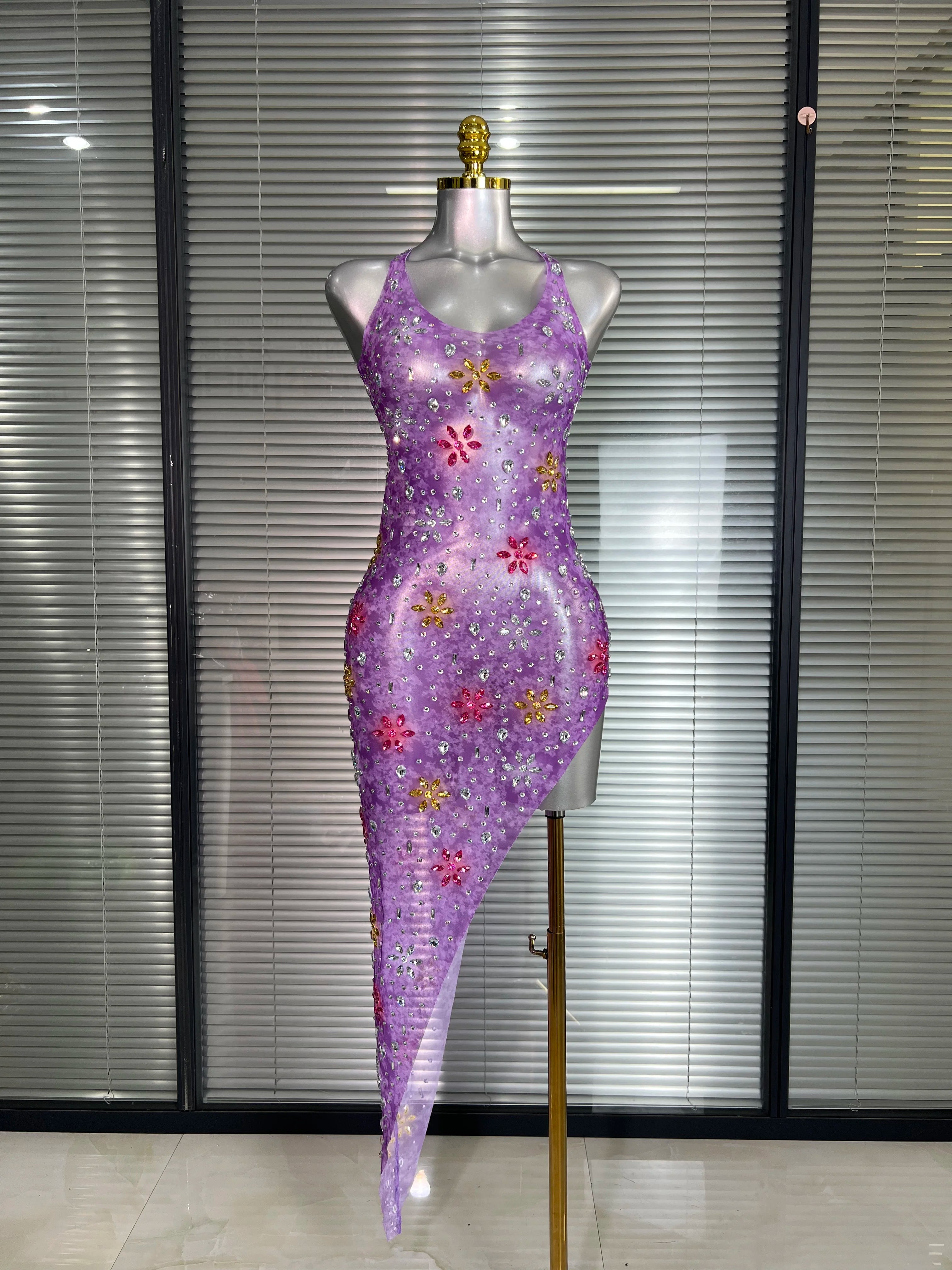 3 Color Women Sexy Mesh Crystal Flower Purple Costume Stage Dancer See Through Stretchy Night Club Party Dress