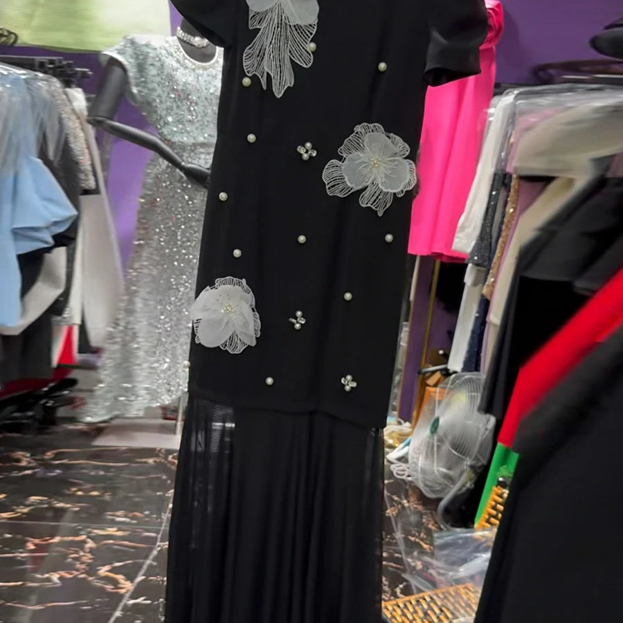 TWOTWINSTYLE Hit Color Spliced 3D Flower Elegant Dresses for Women Round Neck Short Sleeves Patchwork Folds Sheer Dress Female