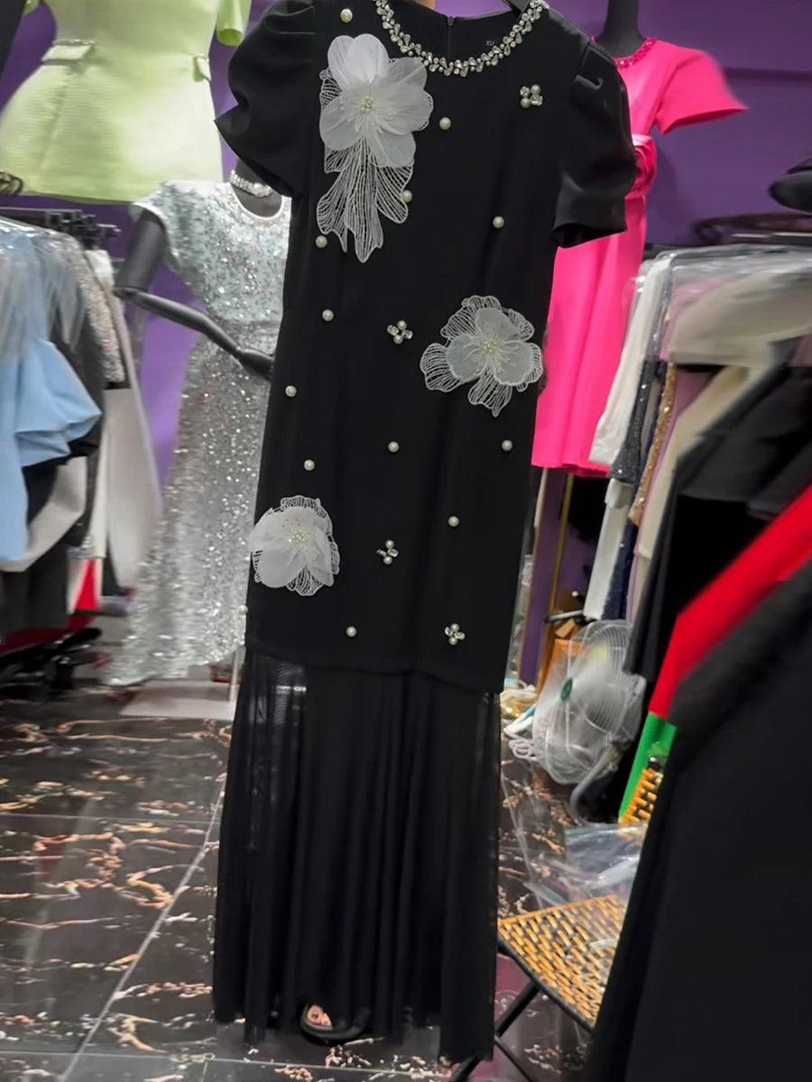 TWOTWINSTYLE Hit Color Spliced 3D Flower Elegant Dresses for Women Round Neck Short Sleeves Patchwork Folds Sheer Dress Female