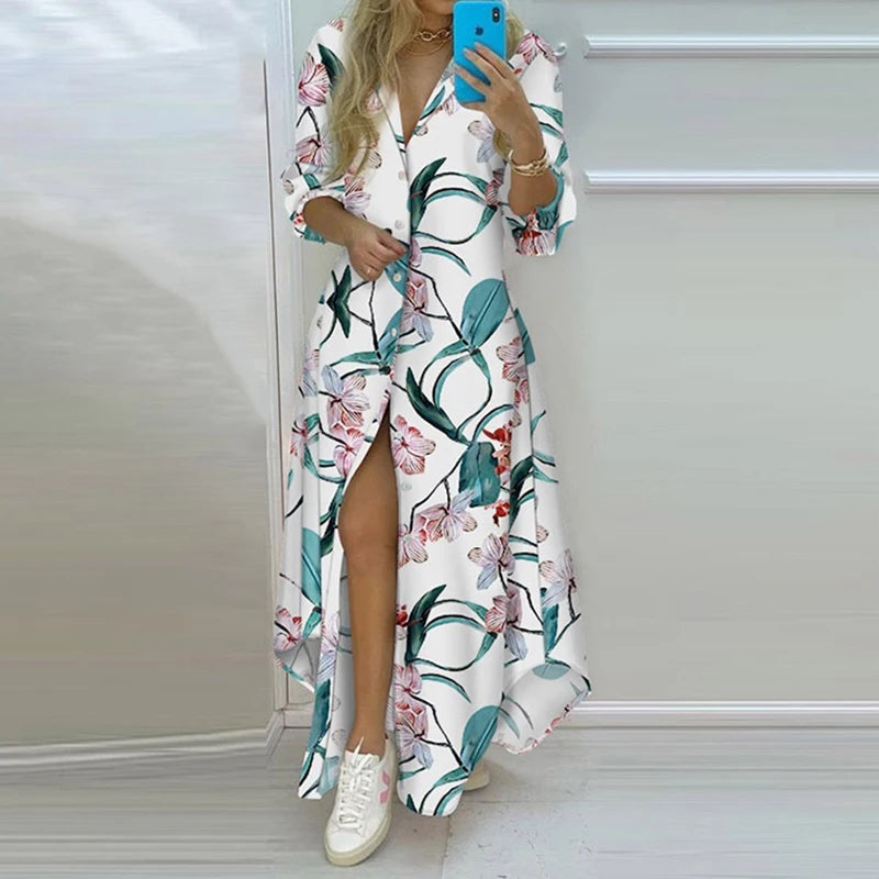 Plus Size Autumn Winter Long Dress Women White Long Sleeve V-neck Elegant Dresses Party Casual Floral Print Vintage Shirt Dress BaiLV
