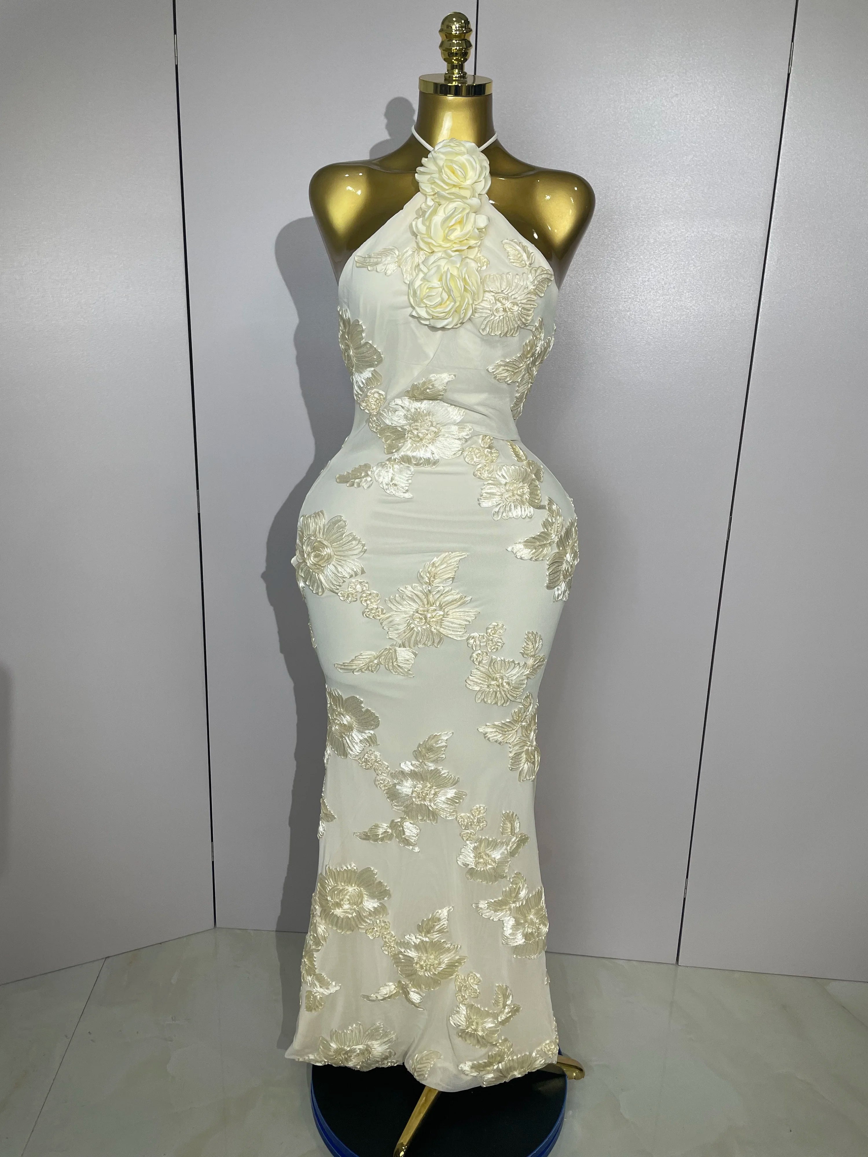 2025 New Sexy Halter High Waist Slim Embroidery Floral Long Dress Women Celebrate Evening Party Prom Fashion Cocktail Outfit