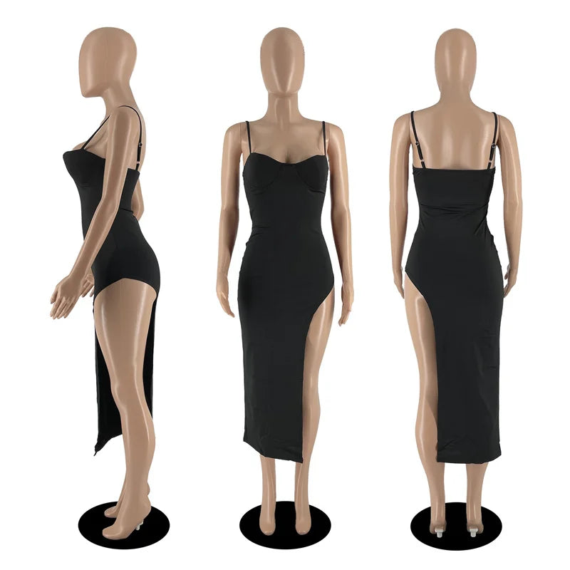 Sexy Side Cut Out Night Party Dresses Women Spaghetti Strap V-neck Backless Slim Bodycon Maxi Dress Elegant Birthday Prom Dress black