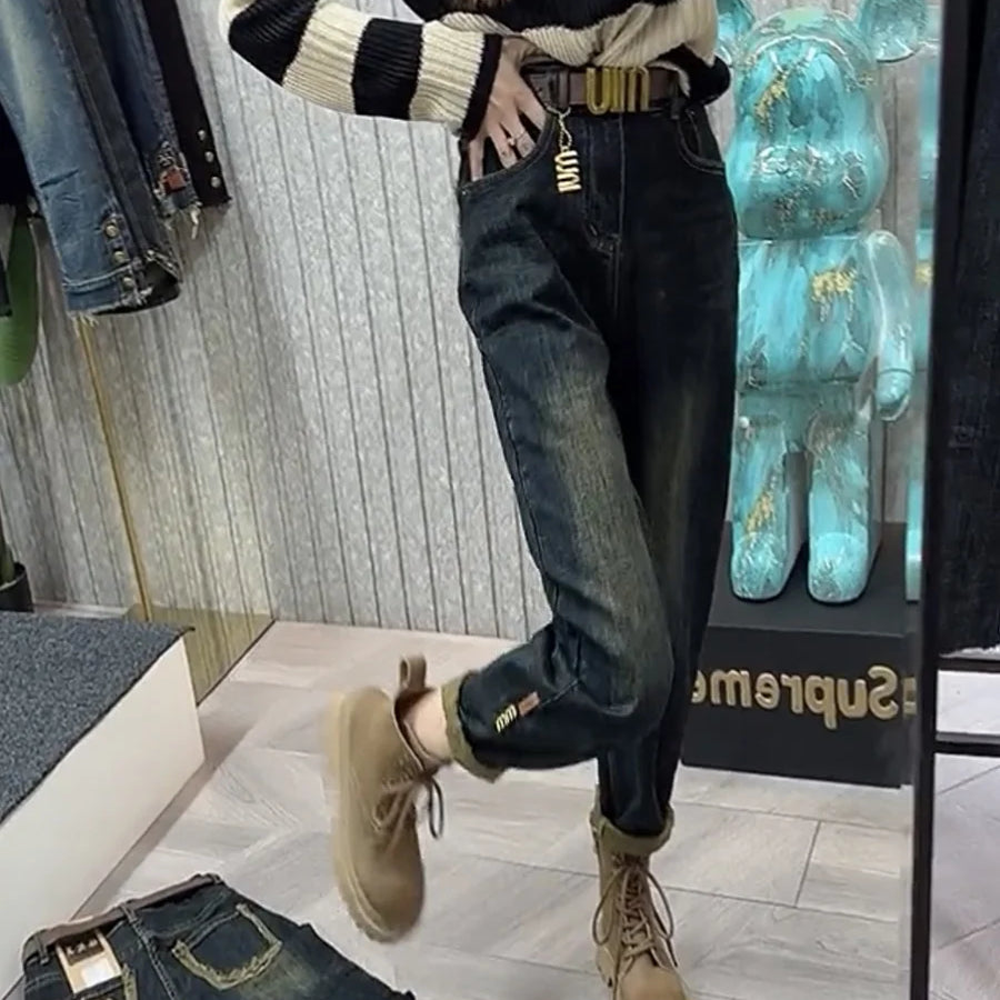 Y2k Jeans Women's Jeans Large Size High Waist Lean Elastic Thick Design Retro Fashion Women's Pants Harun Pants