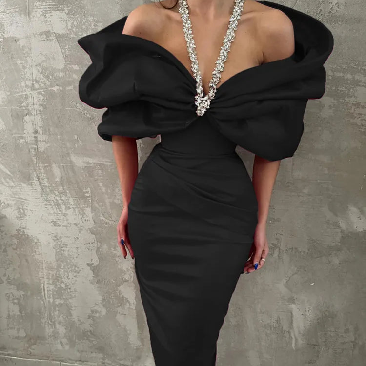 Women Sexy Off Shoulder Ruched Black Maxi Long Diamonds Celebrity Bodycon Bandage Dress 2025 Elegant Evening Club Party Dress