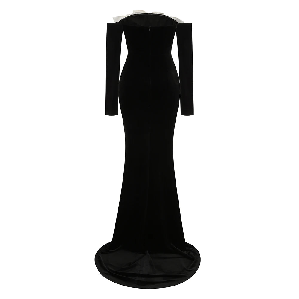 Winter Style Women Long Sleeve Sexy Off the Shoulder Floor-length Dress Velvet Elegant Evening Party Celebrate Dress