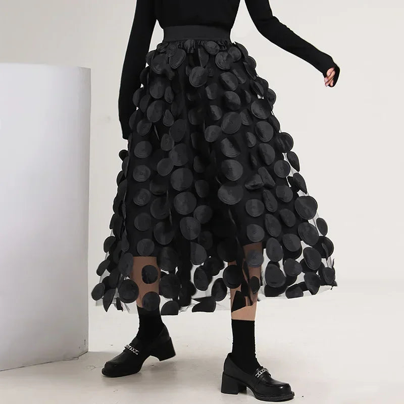 S-3XL Retro Goth 3D Design Polka Dot Tulle Mesh Skirts Womens Spring Summer High Waist Elastic Midi Long Tutu Skirts Female black