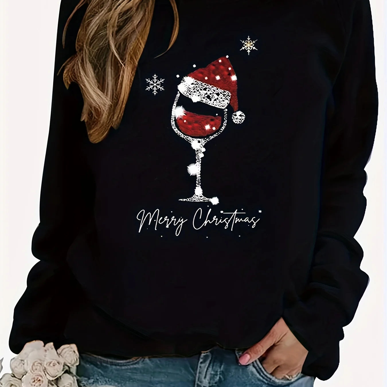 Women's Christmas printed loose top sweater long sleeved autumn and winter black
