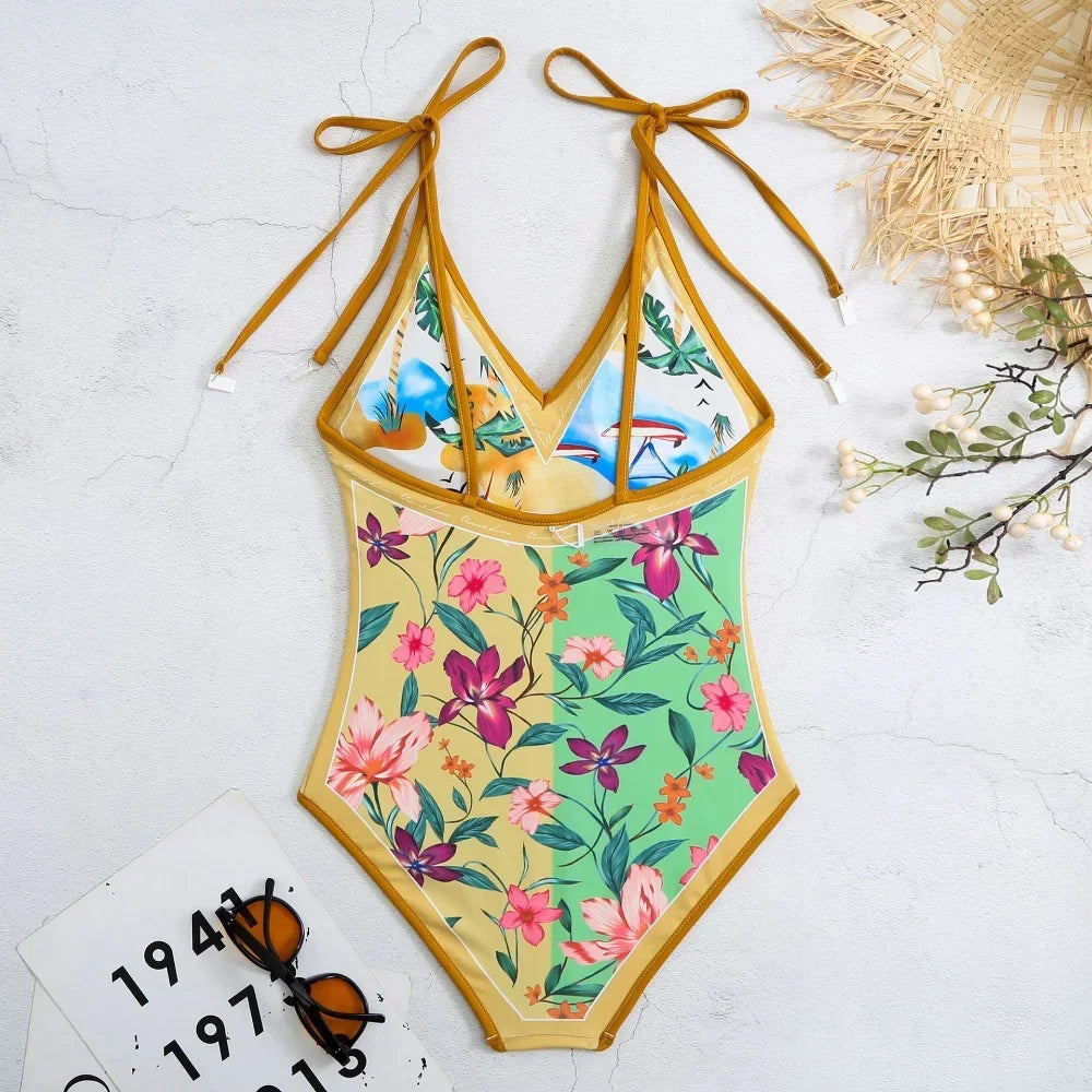 Vintage Printed Double-sided Wear Swimming Bathing Suit Women Bandage Sexy One Piece Swimsuit Beachwear Swimwear Woman