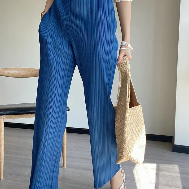Spring Summer Autumn Women Casual Elegant Ladies Miyake Designer Casual Loose Straight Pleated Pants High Waist Trousers