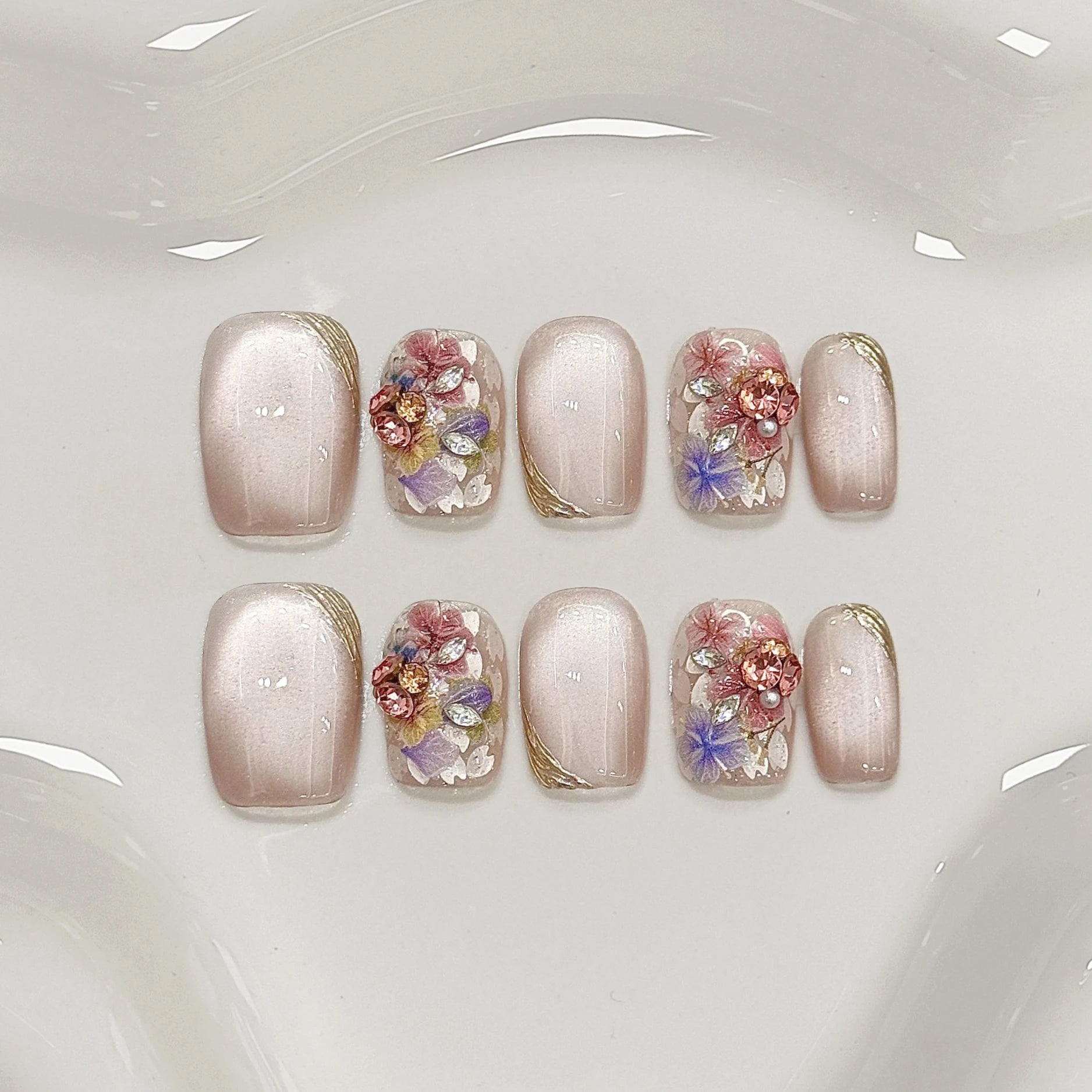 10 peças de unhas postiças de cristal olho de gato, mini unhas postiças coloridas de flores com design de borboleta, unhas de pressão elegantes, unhas curtas quadradas