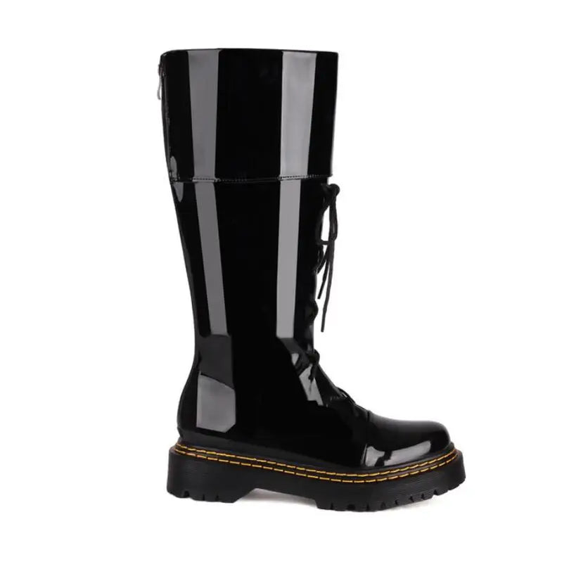 Autumn Winter New Fashion Artificial Leather Mid calf Low Heeled Lace Motorcycle Boots Black Martin Boots Women's Shoes Big Size