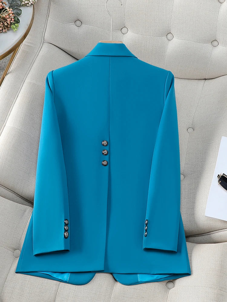 Fashion Autumn Winter Women Blazer Black Coffee Blue Female Long Sleeve Single Button Ladies Casual Jacket Coat Blue Blazer