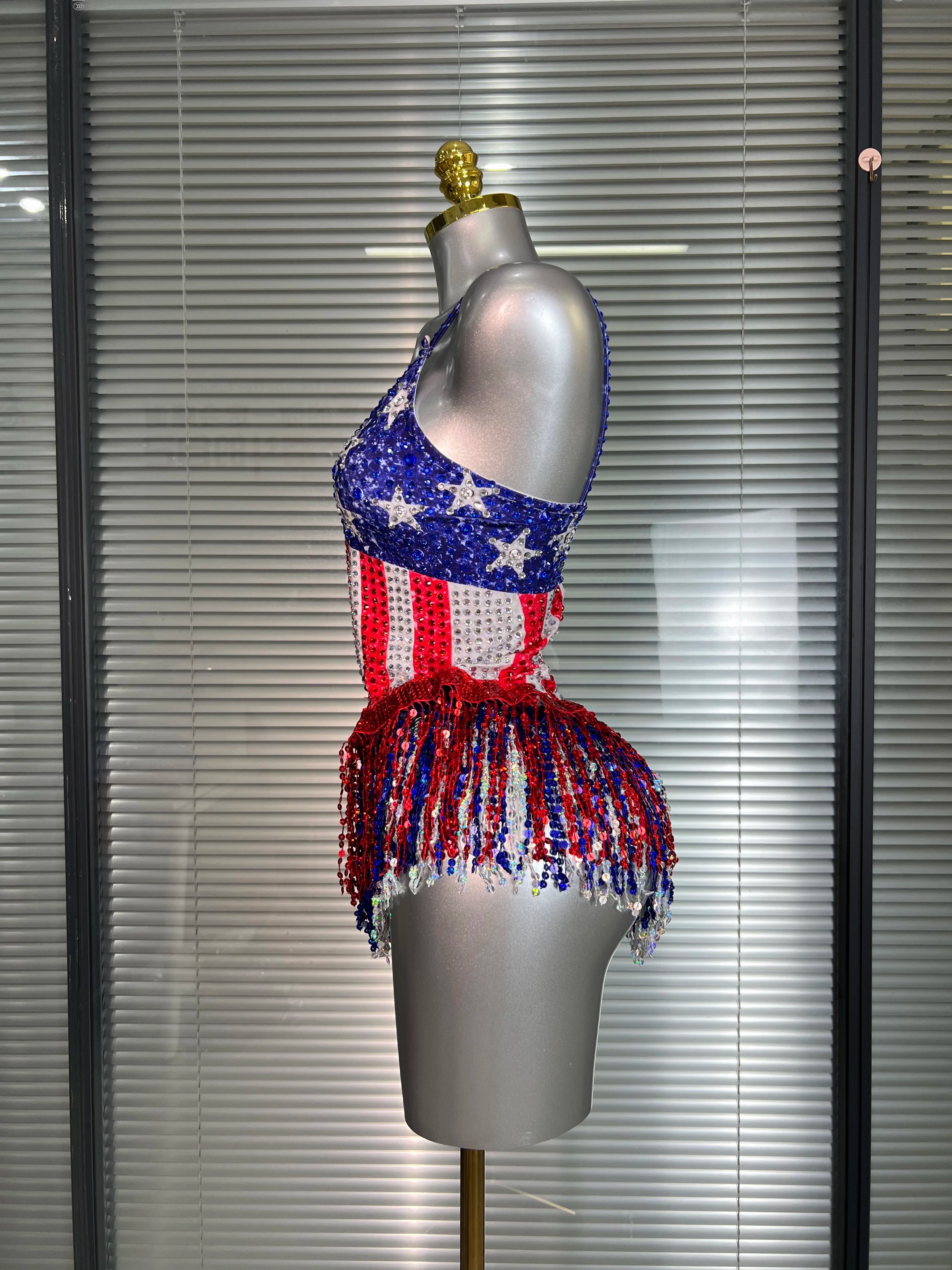 Women Sexy Tassel Crystal Stretched Night Club Circus Dancer USA Flag Stage Costume Party Bodysuit