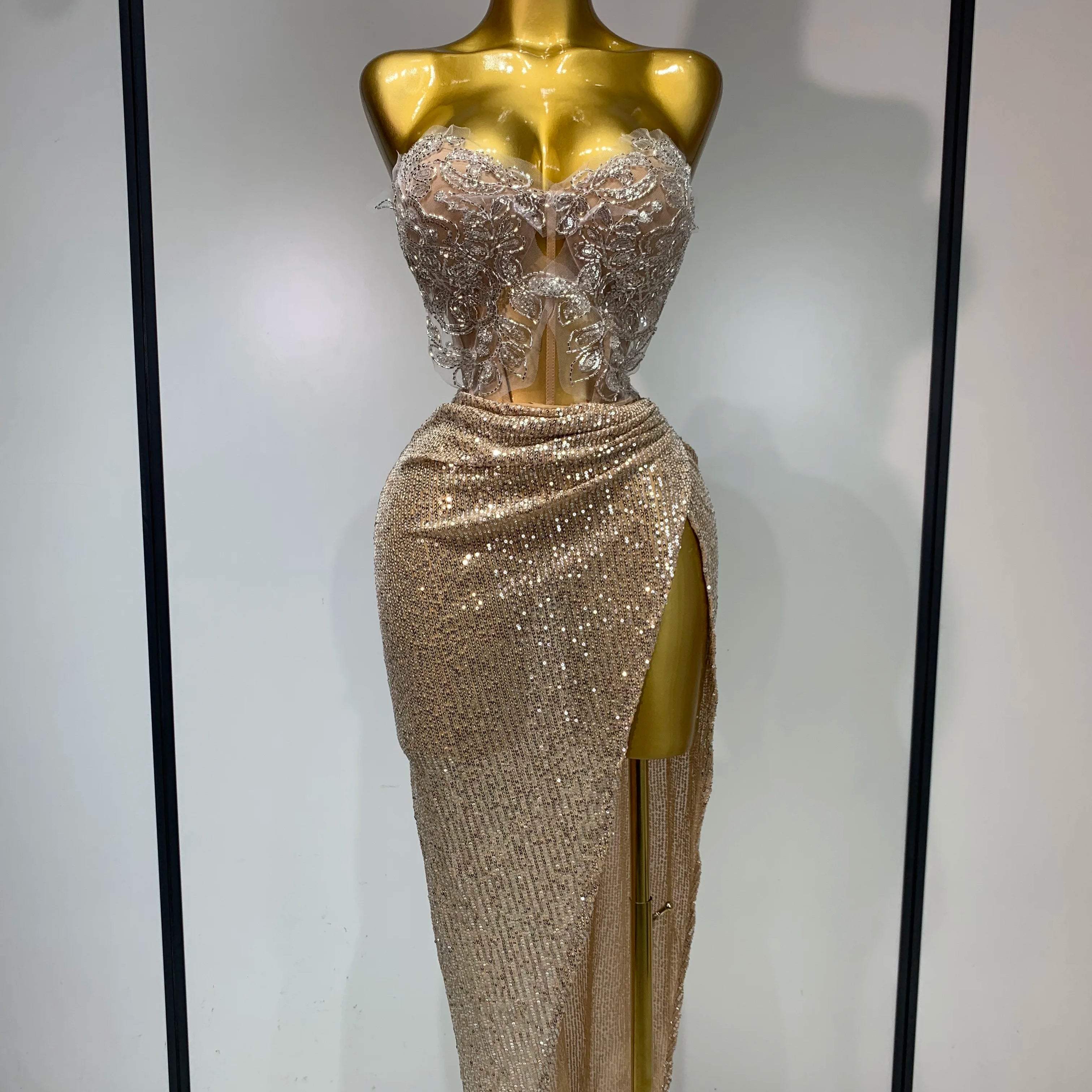 Shinning Beading Sequins Women Sexy Strapless Bodycon Two Pieces Set Celebrate Nightclub Party Luxury Birthday Stage Outfit