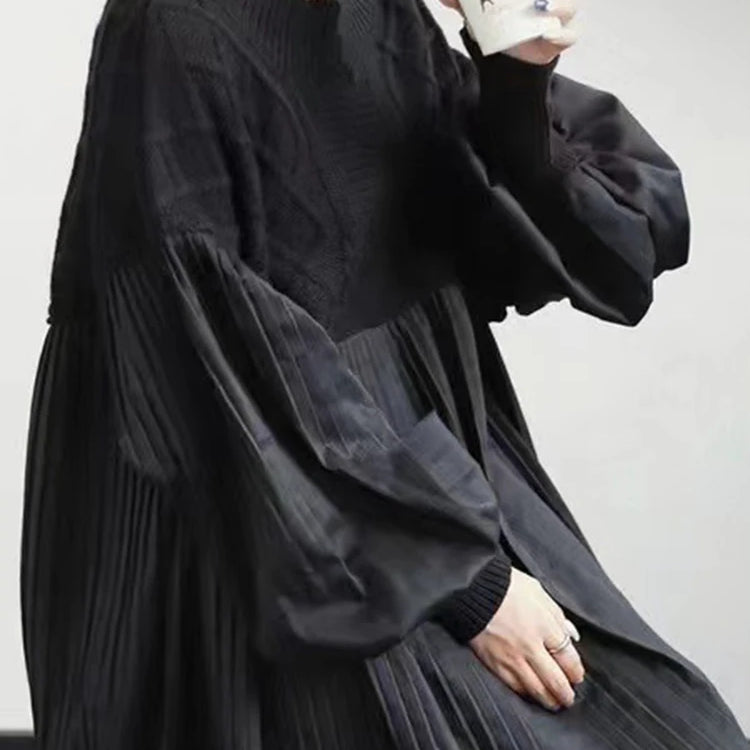 Vintage Black Hollow Out Knitted Patchwork Long Sleeve Pullover Dress Casual Loose Mid Long Vestidos Autumn Winter