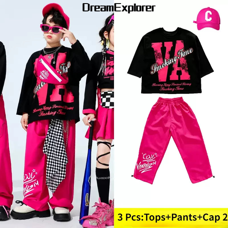 Girls Hip Hop Crop Top Street Dance Skirts Boys Cool Sweatshirt Pink Cargo Pants Child Streetwear Kids Jazz Costumes Clothes Set Sweatshirt 3 Pcs B
